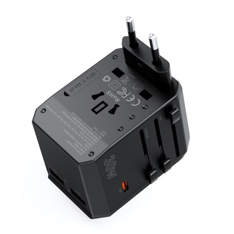 Uniwersalna ładowarka podróżna USB-C 2x USB-A PD 30W wtyczki USA EU UK AU czarna Uniwersalna ładowarka podróżna USB-C 2x USB-A PD 30W wtyczki USA EU UK AU czarna