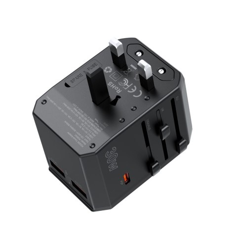 Uniwersalna ładowarka podróżna USB-C 2x USB-A PD 30W wtyczki USA EU UK AU czarna Uniwersalna ładowarka podróżna USB-C 2x USB-A PD 30W wtyczki USA EU UK AU czarna