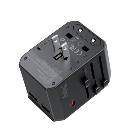 Uniwersalna ładowarka podróżna USB-C 2x USB-A PD 30W wtyczki USA EU UK AU czarna Uniwersalna ładowarka podróżna USB-C 2x USB-A PD 30W wtyczki USA EU UK AU czarna