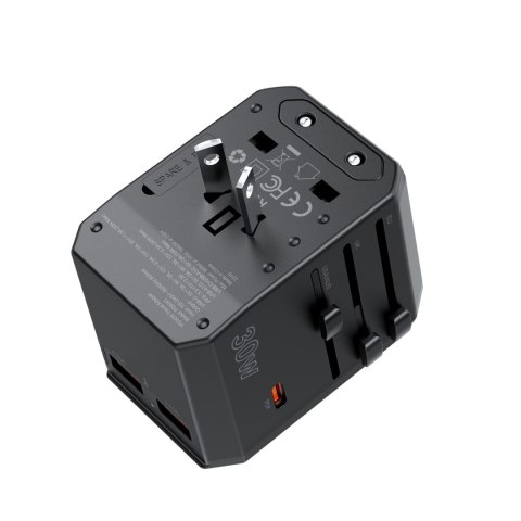Uniwersalna ładowarka podróżna USB-C 2x USB-A PD 30W wtyczki USA EU UK AU czarna Uniwersalna ładowarka podróżna USB-C 2x USB-A PD 30W wtyczki USA EU UK AU czarna