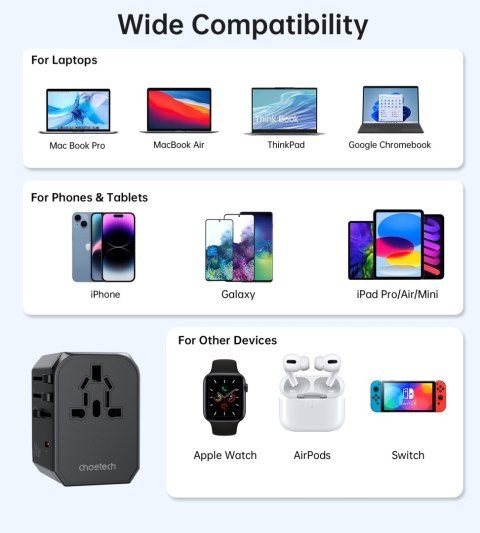 Uniwersalna ładowarka podróżna USB-C 2x USB-A PD 30W wtyczki USA EU UK AU czarna Uniwersalna ładowarka podróżna USB-C 2x USB-A PD 30W wtyczki USA EU UK AU czarna