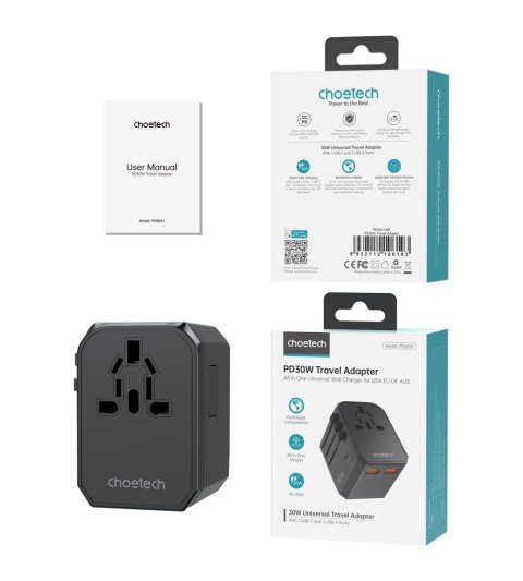 Uniwersalna ładowarka podróżna USB-C 2x USB-A PD 30W wtyczki USA EU UK AU czarna Uniwersalna ładowarka podróżna USB-C 2x USB-A PD 30W wtyczki USA EU UK AU czarna