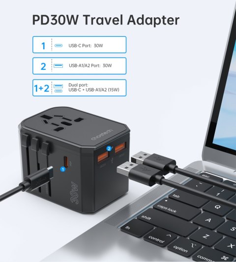 Uniwersalna ładowarka podróżna USB-C 2x USB-A PD 30W wtyczki USA EU UK AU czarna Uniwersalna ładowarka podróżna USB-C 2x USB-A PD 30W wtyczki USA EU UK AU czarna