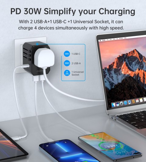 Uniwersalna ładowarka podróżna USB-C 2x USB-A PD 30W wtyczki USA EU UK AU czarna Uniwersalna ładowarka podróżna USB-C 2x USB-A PD 30W wtyczki USA EU UK AU czarna