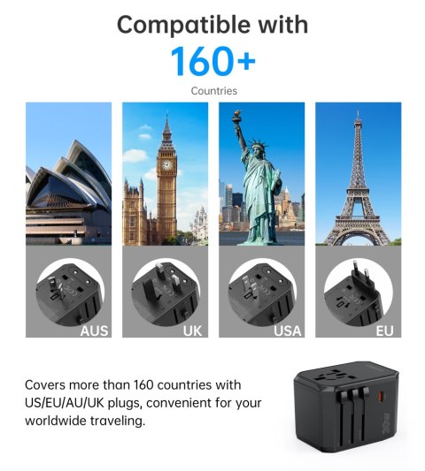 Uniwersalna ładowarka podróżna USB-C 2x USB-A PD 30W wtyczki USA EU UK AU czarna Uniwersalna ładowarka podróżna USB-C 2x USB-A PD 30W wtyczki USA EU UK AU czarna