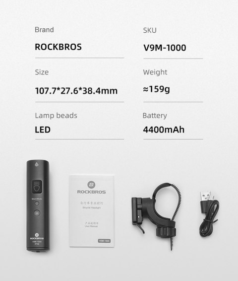 Lampka rowerowa przednia 1000lm 5 trybów pracy latarka wodoodporna USB Lampka rowerowa przednia 1000lm 5 trybów pracy latarka wodoodporna USB