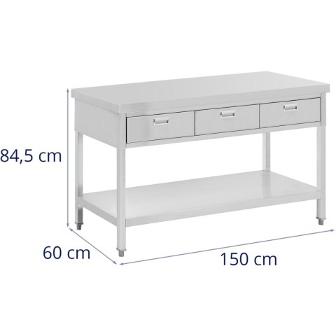 Stół blat roboczy gastronomiczny stalowy z półką szufladami 150 x 60 cm do 295 kg Stół blat roboczy gastronomiczny stalowy z półką szufladami 150 x 60 cm do 295 kg