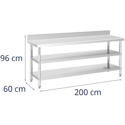 Stół blat roboczy stalowy nierdzewny przyścienny z rantem 2 półki 200x60cm Stół blat roboczy stalowy nierdzewny przyścienny z rantem 2 półki 200x60cm