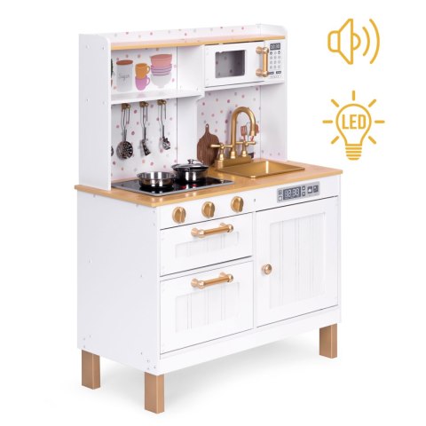 Kuchnia dla dzieci z dźwiękami i LED drewniana duża otwierane szafki 7 akcesoriów ECOTOYS Kuchnia dla dzieci z dźwiękami i LED drewniana duża otwierane szafki 7 akcesoriów ECOTOYS