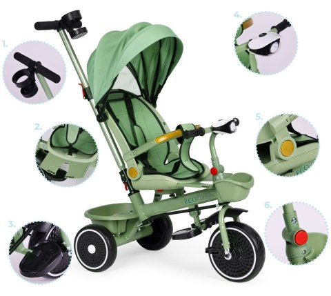 Rowerek trójkołowy spacerówka 2w1 obracane siedzisko składany daszek zielony - ECOTOYS Rowerek trójkołowy spacerówka 2w1 obracane siedzisko składany daszek zielony - ECOTOYS