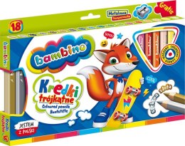 Kredki BAMBINO trójkątne w oprawie drewnianej 18 kolorów + temperówka ZWIERZAKI UCZNIAKI