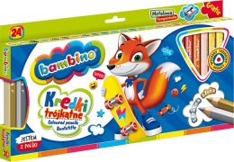 Kredki BAMBINO trójkątne w oprawie drewnianej 24 kolory + temperówka ZWIERZAKI UCZNIAKI