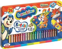 Kredki BAMBINO w oprawie drewnianej 26 kolorów metalowe pudełko + temperówka ZWIERZAKI UCZNIAKI