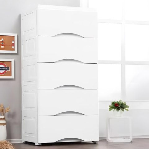 Regał z 5 wysuwanymi szufladami nogi z kółkami - biały ModernHome Regał z 5 wysuwanymi szufladami nogi z kółkami - biały ModernHome