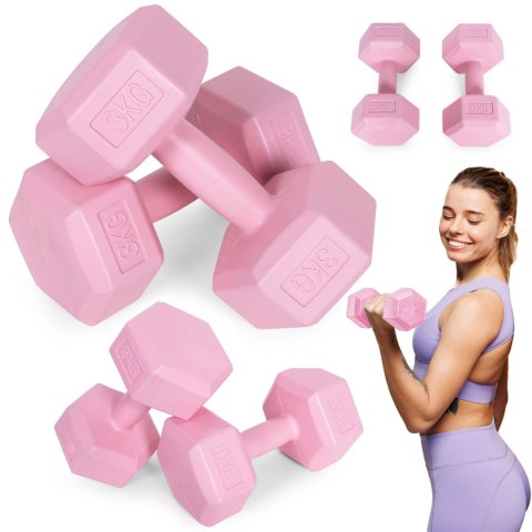 Hantle sześciokątne zestaw 2x3 kg ciężarki do ćwiczeń obciążniki fitness różowe ModernHome Hantle sześciokątne zestaw 2x3 kg ciężarki do ćwiczeń obciążniki fitness różowe ModernHome