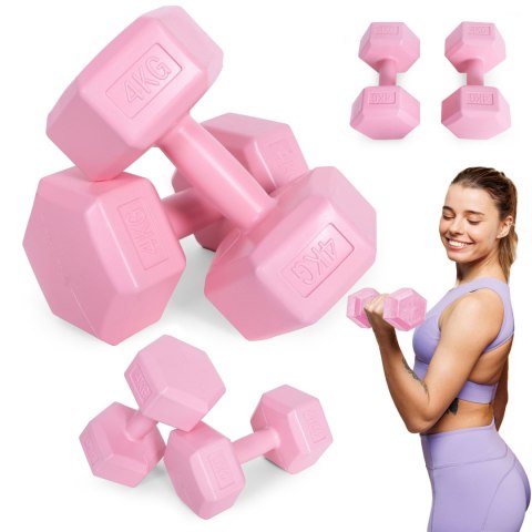 Hantle sześciokątne zestaw 2x4 kg ciężarki do ćwiczeń obciążniki fitness różowe ModernHome Hantle sześciokątne zestaw 2x4 kg ciężarki do ćwiczeń obciążniki fitness różowe ModernHome