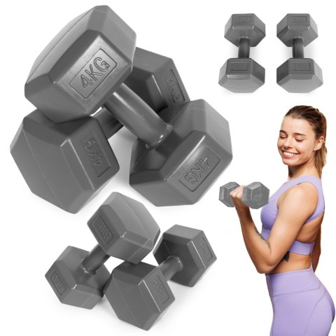 Hantle sześciokątne zestaw 2x4 kg ciężarki do ćwiczeń obciążniki fitness szare ModernHome Hantle sześciokątne zestaw 2x4 kg ciężarki do ćwiczeń obciążniki fitness szare ModernHome