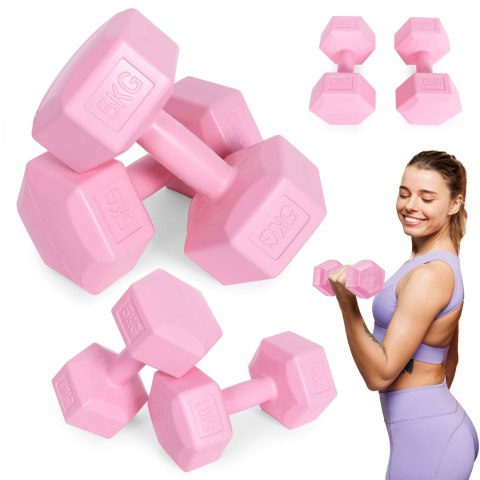 Hantle sześciokątne zestaw 2x5 kg ciężarki do ćwiczeń obciążniki fitness różowe ModernHome Hantle sześciokątne zestaw 2x5 kg ciężarki do ćwiczeń obciążniki fitness różowe ModernHome