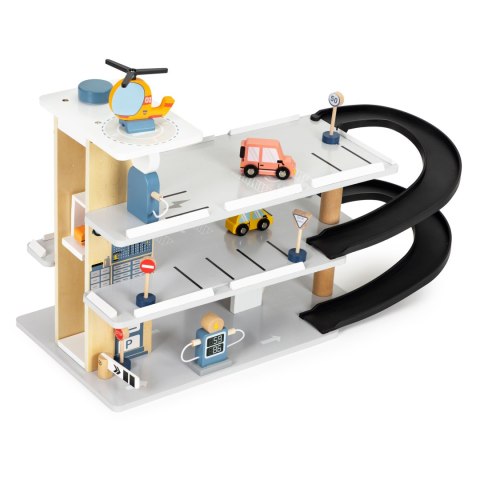 Duży drewniany garaż parking z windą + autka helikopter myjnia ECOTOYS Duży drewniany garaż parking z windą + autka helikopter myjnia ECOTOYS