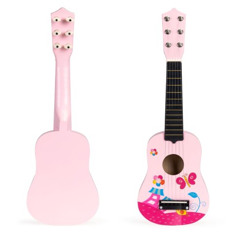 Gitara dla dzieci drewniana metalowe struny kostka - różowa ECOTOYS Gitara dla dzieci drewniana metalowe struny kostka - różowa ECOTOYS