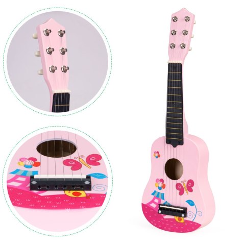 Gitara dla dzieci drewniana metalowe struny kostka - różowa ECOTOYS Gitara dla dzieci drewniana metalowe struny kostka - różowa ECOTOYS