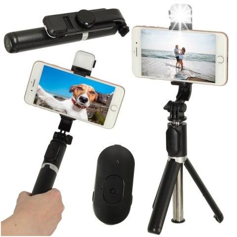Kijek do selfie z pilotem Bluetooth statyw tripod lampka LED czarny Kijek do selfie z pilotem Bluetooth statyw tripod lampka LED czarny
