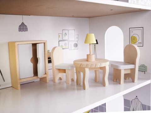 Domek dla lalek drewniany mebelki 70cm szary Domek dla lalek drewniany mebelki 70cm szary