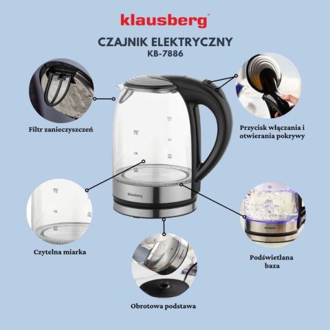 CZAJNIK ELEKTRYCZNY SZKLANY 1,7L KLAUSBERG KB-7886 LED CZAJNIK ELEKTRYCZNY SZKLANY 1,7L KLAUSBERG KB-7886 LED