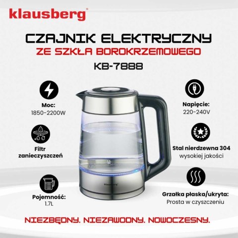 CZAJNIK ELEKTRYCZNY SZKLANY 1,7L KLAUSBERG KB-7888 LED RGB CZAJNIK ELEKTRYCZNY SZKLANY 1,7L KLAUSBERG KB-7888 LED RGB