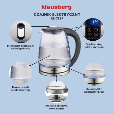 CZAJNIK ELEKTRYCZNY SZKLANY 1,8L KLAUSBERG KB-7887 LED RGB CZAJNIK ELEKTRYCZNY SZKLANY 1,8L KLAUSBERG KB-7887 LED RGB