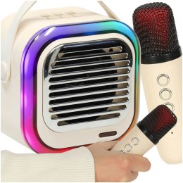Zestaw do karaoke głośnik Bluetooth 2 mikrofony USB LED 10W kremowy