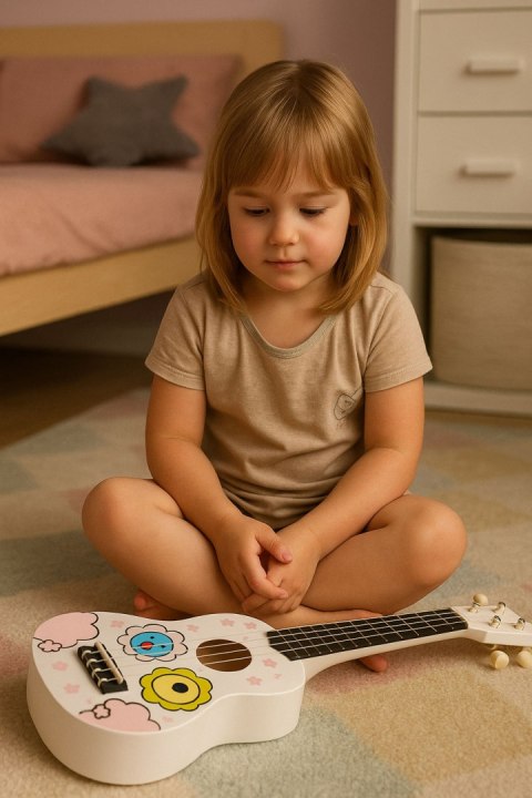 Gitara ukulele dla dzieci drewniana 4 struny nylonowe kostka do gry ECOTOYS Gitara ukulele dla dzieci drewniana 4 struny nylonowe kostka do gry ECOTOYS