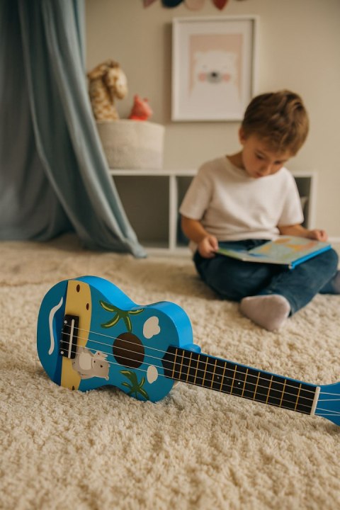 Gitara ukulele dla dzieci drewniana 4 struny nylonowe kostka do gry ECOTOYS Gitara ukulele dla dzieci drewniana 4 struny nylonowe kostka do gry ECOTOYS