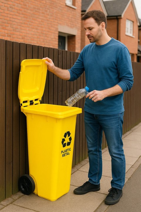 Kosz na smieci pojemnik 120L kubeł śmietnik żółty plastik gumowe koła Kosz na smieci pojemnik 120L kubeł śmietnik żółty plastik gumowe koła