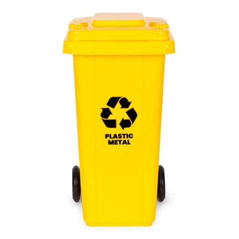 Kosz na smieci pojemnik 120L kubeł śmietnik żółty plastik gumowe koła Kosz na smieci pojemnik 120L kubeł śmietnik żółty plastik gumowe koła