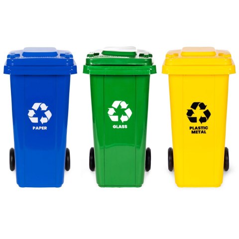 Zestaw 3 koszy na śmieci pojemniki 3x120L niebieski zielony żółty makulatura szkło plastik gumowe koła Zestaw 3 koszy na śmieci pojemniki 3x120L niebieski zielony żółty makulatura szkło plastik gumowe koła