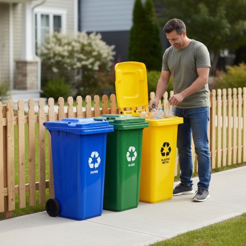 Zestaw 4 koszy na śmieci pojemniki 4x120L niebieski zielony żółty czarny makulatura szkło plastik odpady zmieszane gumowe koła Zestaw 4 koszy na śmieci pojemniki 4x120L niebieski zielony żółty czarny makulatura szkło plastik odpady zmieszane gumowe koła