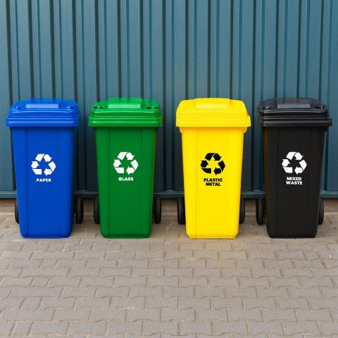 Zestaw 4 koszy na śmieci pojemniki 4x120L niebieski zielony żółty czarny makulatura szkło plastik odpady zmieszane gumowe koła Zestaw 4 koszy na śmieci pojemniki 4x120L niebieski zielony żółty czarny makulatura szkło plastik odpady zmieszane gumowe koła