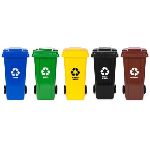 Zestaw 5 koszy na śmieci pojemniki 5x120L niebieski zielony żółty czarny brązowy makulatura szkło plastik odpady zmieszane BIO g Zestaw 5 koszy na śmieci pojemniki 5x120L niebieski zielony żółty czarny brązowy makulatura szkło plastik odpady zmieszane BIO g