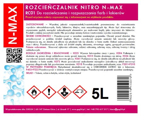 ROZCIEŃCZALNIK ROZPUSZCZALNIK NITRO RC-01 N-MAX 5L ROZCIEŃCZALNIK ROZPUSZCZALNIK NITRO RC-01 N-MAX 5L
