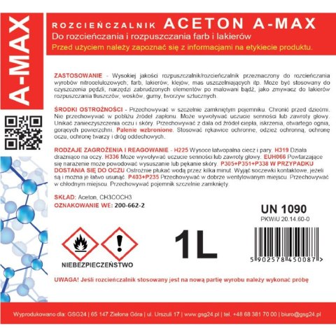 ACETON ROZPUSZCZALNIK ZMYWACZ A-MAX 1L ACETON ROZPUSZCZALNIK ZMYWACZ A-MAX 1L