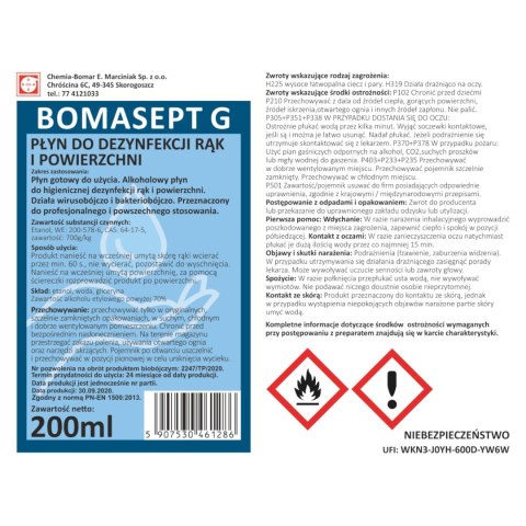 PŁYN DO DEZYNFEKCJI I ODKAŻANIA SKÓRY RĄK BOMASEPT G 200ML PŁYN DO DEZYNFEKCJI I ODKAŻANIA SKÓRY RĄK BOMASEPT G 200ML