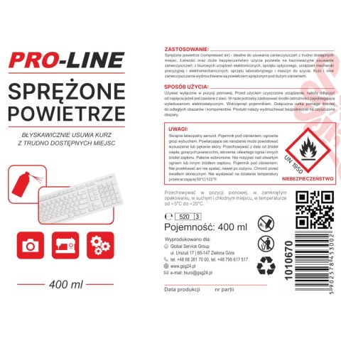 SPRĘŻONE POWIETRZE DO CZYSZCZENIA ELEKTRONIKI MASZYN DO SZYCIA PRO-LINE SPRAY 400ML SPRĘŻONE POWIETRZE DO CZYSZCZENIA ELEKTRONIKI MASZYN DO SZYCIA PRO-LINE SPRAY 400ML