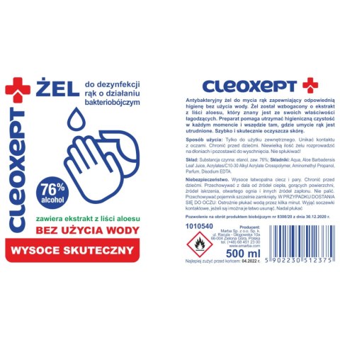ŻEL ANTYBAKTERYJNY DO DEZYNFEKCJI ODKAŻANIA RĄK CLEOXEPT- 500ML ŻEL ANTYBAKTERYJNY DO DEZYNFEKCJI ODKAŻANIA RĄK CLEOXEPT- 500ML