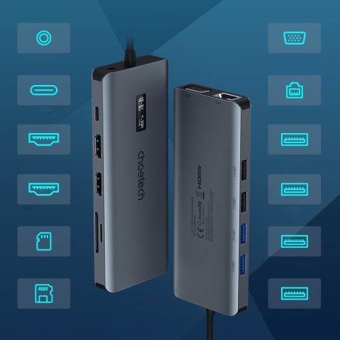 ADAPTER HUB WIELOFUNKCYJNY Z WYŚWIETLACZEM USB-C USB-A VGA AUX SD TF 12W1 SZARY ADAPTER HUB WIELOFUNKCYJNY Z WYŚWIETLACZEM USB-C USB-A VGA AUX SD TF 12W1 SZARY