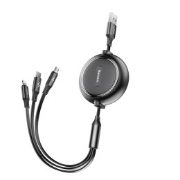 ROZWIJANY KABEL PRZEWÓD 3W1 USB MICROUSB IPHONE LIGHTNING USB-C 3.5A 35CM 120CM CZARNY