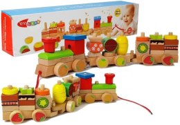 DREWNIANY POCIĄG KLOCKI 30 ELEMENTÓW OWOCE 42CM