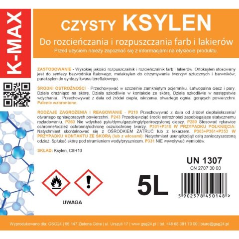 KSYLEN ROZPUSZCZALNIK ROZCIEŃCZALNIK ORGANICZNY DO FARB I LAKIERÓW K-MAX 5L KSYLEN ROZPUSZCZALNIK ROZCIEŃCZALNIK ORGANICZNY DO FARB I LAKIERÓW K-MAX 5L