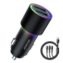 ŁADOWARKA SAMOCHODOWA 2X USB + KABEL 3W1 USB-C / MICRO USB / LIGHTNING 1.2M - CZARNY