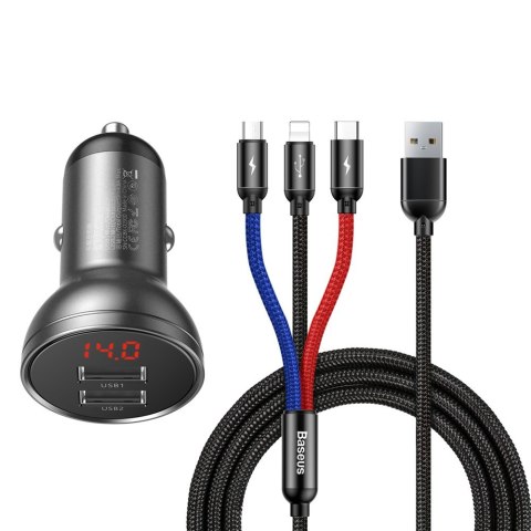 Ładowarka samochodowa 2x USB 4.8A 24W z wyświetlaczem LCD + kabel 3w1 1.2m czarny Ładowarka samochodowa 2x USB 4.8A 24W z wyświetlaczem LCD + kabel 3w1 1.2m czarny